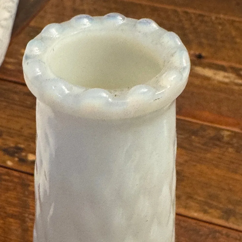 Vintage EO Brody Milk‎ Glass Bud Vase White Diamond Quilted Scalloped Rim 8.75in